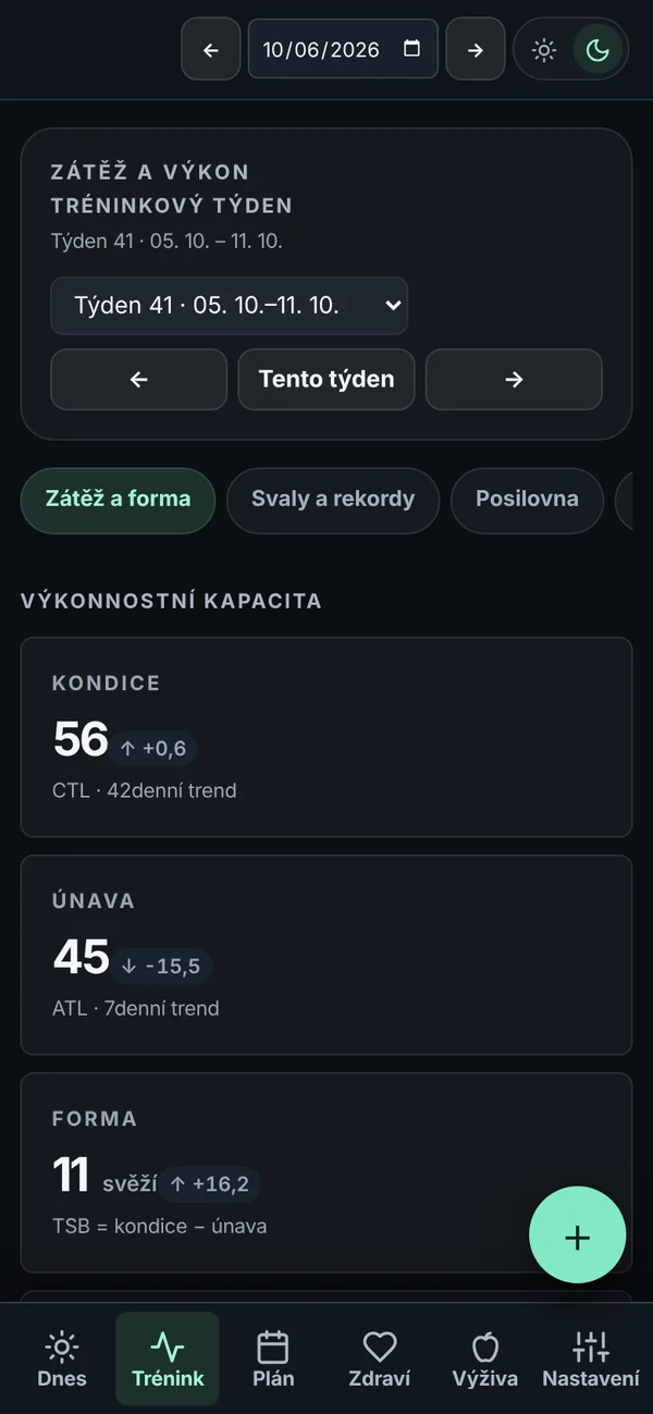 Obrazovka Trénink: kondice, únava a forma