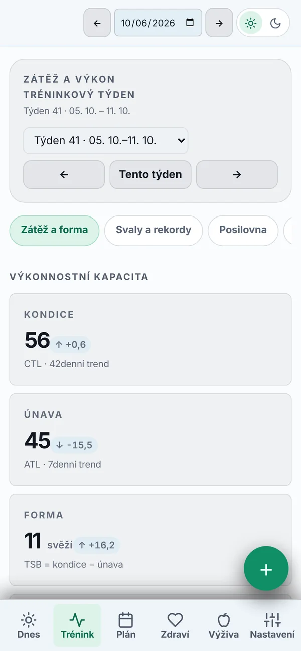 Obrazovka Trénink: kondice, únava a forma