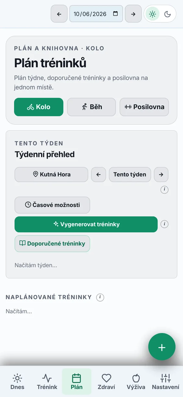 Obrazovka Plán: plán tréninků na týden